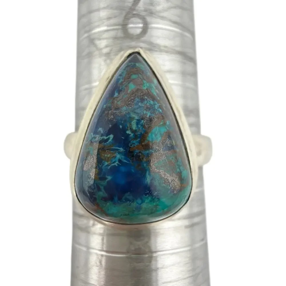 Teardrop Azurite Blue Green 925 Sterling Silver Statement Ring Size 7